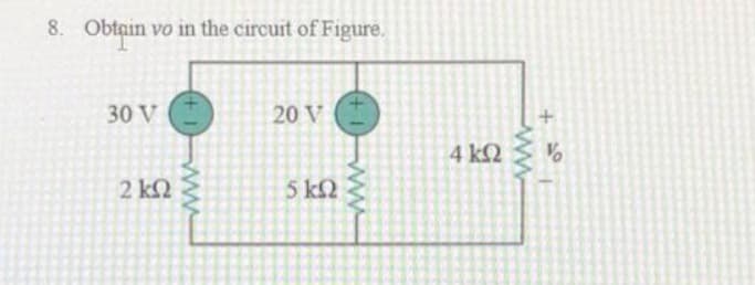 8. Obtain vo in the circuit of Figure.
30 V
20 V
5 kΩ
2 ΚΩ
www
www
4 kQ
+ 20
%