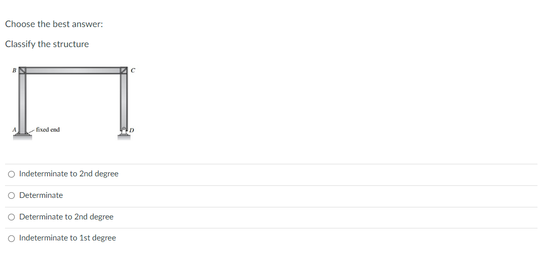 Choose the best answer:
Classify the structure
B
A
fixed end
O Indeterminate to 2nd degree
O Determinate
O Determinate to 2nd degree
O Indeterminate to 1st degree
D