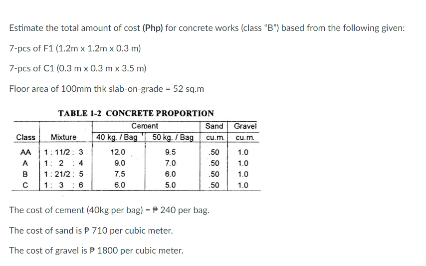 Estimate the total amount of cost (Php) for concrete works (class "B") based from the following given:
7-pcs of F1 (1.2m x 1.2m x 0.3 m)
7-pcs of C1 (0.3 m x 0.3 m x 3.5 m)
Floor area of 100mm thk slab-on-grade = 52 sq.m
Class
AA
A
B
C
TABLE 1-2 CONCRETE PROPORTION
Cement
Mixture 40 kg. / Bag 50 kg. / Bag
9.5
7.0
6.0
5.0
1:11/2: 3
1: 2 : 4
1:21/2: 5
1: 36
12.0
9.0
7.5
6.0
Sand Gravel
cu.m.
cu.m.
.50
.50
.50
.50
The cost of cement (40kg per bag) = 240 per bag.
The cost of sand is
710 per cubic meter.
The cost of gravel is
1800 per cubic meter.
1.0
1.0
1.0
1.0