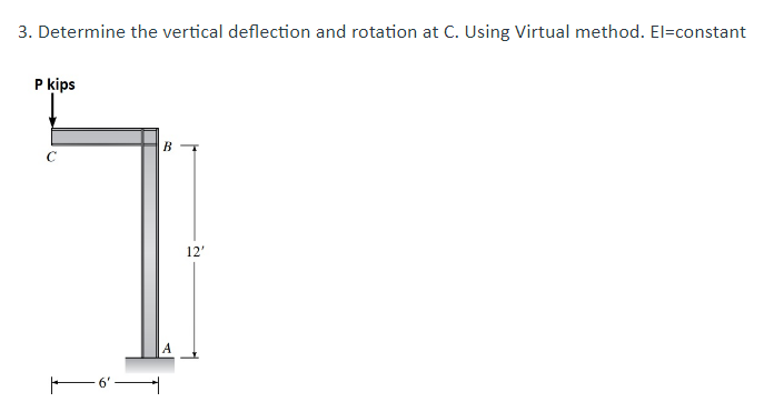 3. Determine the vertical deflection and rotation at C. Using Virtual method. El=constant
P kips
B
12'