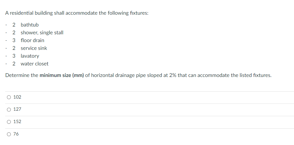A residential building shall accommodate the following fixtures:
2 bathtub
2 shower, single stall
3 floor drain
2 service sink
3
lavatory
2 water closet
Determine the minimum size (mm) of horizontal drainage pipe sloped at 2% that can accommodate the listed fixtures.
O 102
O 127
O 152
O 76