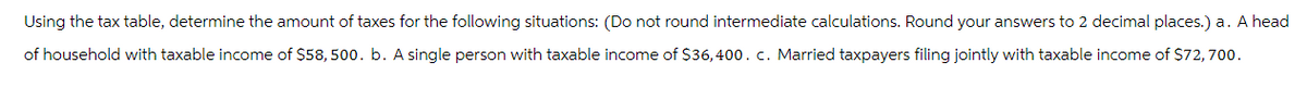 Using the tax table, determine the amount of taxes for the following situations: (Do not round intermediate calculations. Round your answers to 2 decimal places.) a. A head
of household with taxable income of $58,500. b. A single person with taxable income of $36,400. c. Married taxpayers filing jointly with taxable income of $72,700.