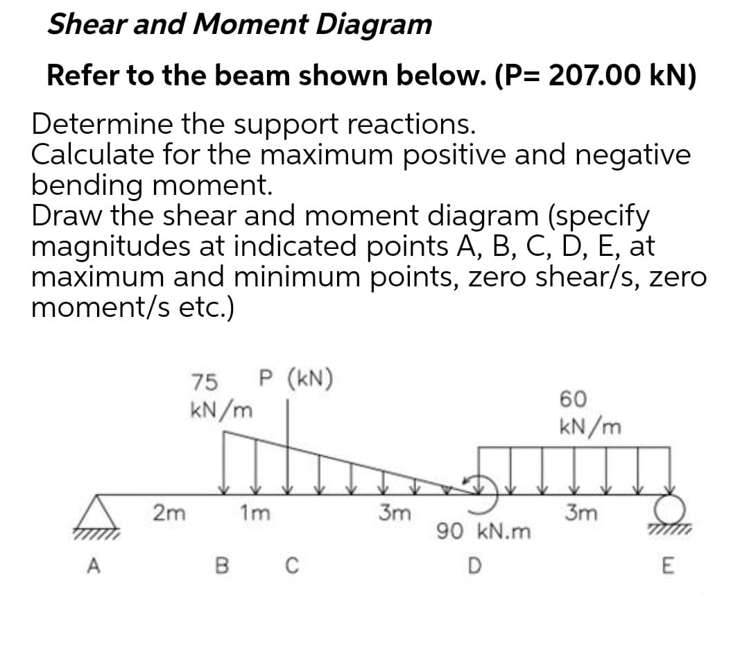 Shear and Moment Diagram
Refer to the beam shown below. (P= 207.00 kN)
Determine the support reactions.
Calculate for the maximum positive and negative
bending moment.
Draw the shear and moment diagram (specify
magnitudes at indicated points A, B, C, Ď, E, at
maximum and minimum points, zero shear/s, zero
moment/s etc.)
75
P (kN)
60
kN/m
kN/m
2m
1m
3m
3m
90 kN.m
A
B
C
D
E
