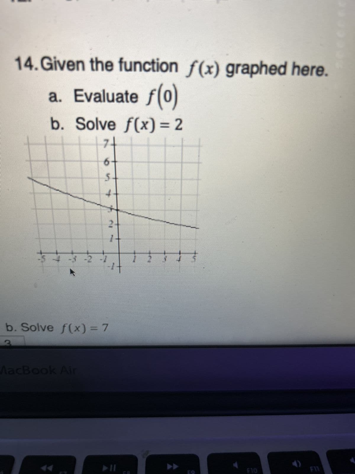 14. Given the function f(x) graphed here.
a. Evaluate f(0)
b. Solve f(x) = 2
74
ő
5
4
5
- - -2-7
MacBook Air
#f
1
24
b. Solve f(x) = 7
▶11
1:3}}
F10
F