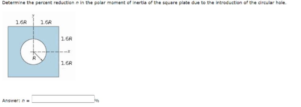 Determine the percent reduction n in the polar moment of inertia of the square plate due to the introduction of the circular hole.
1.6R
1.6R
1.6R
1.6R
Answer: n =
