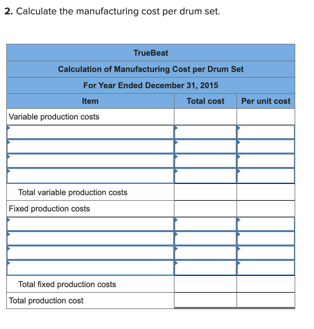 2. Calculate the manufacturing cost per drum set.
TrueBeat
Calculation of Manufacturing Cost per Drum Set
For Year Ended December 31, 2015
Item
Total cost
Variable production costs
Total variable production costs
Fixed production costs
Total fixed production costs
Total production cost
Per unit cost