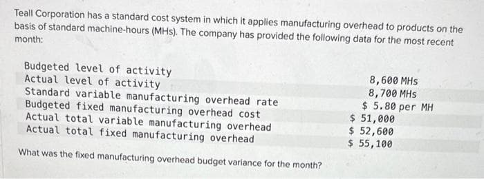 Teall Corporation has a standard cost system in which it applies manufacturing overhead to products on the
basis of standard machine-hours (MHS). The company has provided the following data for the most recent
month:
Budgeted level of activity
Actual level of activity
Standard variable manufacturing overhead rate
Budgeted fixed manufacturing overhead cost
Actual total variable manufacturing overhead
Actual total fixed manufacturing overhead
What was the fixed manufacturing overhead budget variance for the month?
8,600 MHS
8,700 MHS
$5.80 per MH
$ 51,000
$ 52,600
$ 55,100