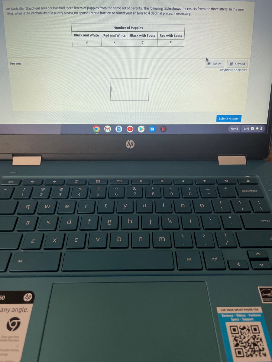 50
An Australian Shepherd breeder has had three litters of puppies from the same set of parents. The following table shows the results from the three litters. In the next
litter, what is the probability of a puppy having no spots? Enter a fraction or round your answer to 4 decimal places, if necessary.
Answer
esc
!
1
alt
9
a
←
any angle.
9
Z
hp
@
2
W
S
→
X
#
3
e
d
Black and White
9
C
с
$
4
C
r
f
%
5
V
Number of Puppies
Red and White
8
t
Oll
6
b
Black with Spots Red with Spots
7
5
hp
y
&
7
h
O
u
*
8
J
D
n
N
i
m
9
k
O
<
I
0
1
alt
Р
>
Tables
.
Keypad
Keyboard Shortcuts
ctrl
Submit Answer
{
[
4
+
11
:
BE
=
?
Nov 5
1
9:458
OO
backspace
USE YOUR SMARTPHONE FOR
Reviews Videos Features
Specs Support
enter
s
EMERENT