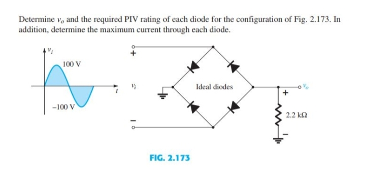 Determine v, and the required PIV rating of each diode for the configuration of Fig. 2.173. In
addition, determine the maximum current through each diode.
100 V
Ideal diodes
-100 V
2.2 k2
FIG. 2.173
+
