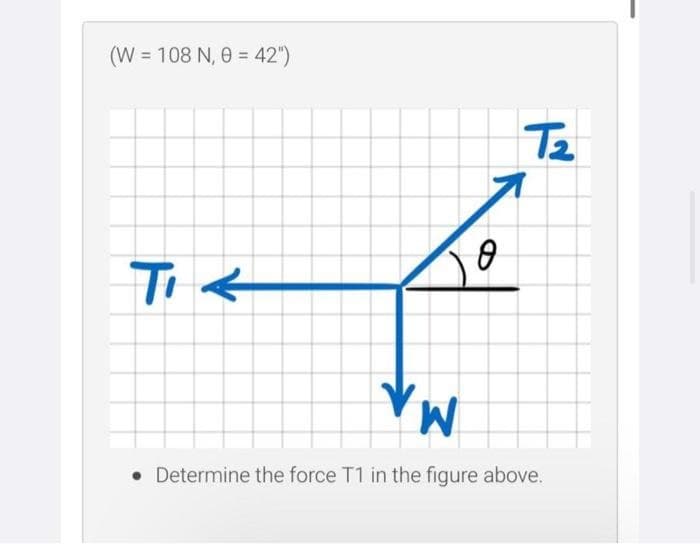 (W = 108 N, 0 = 42")
T2
Ө
T
W
Determine the force T1 in the figure above.