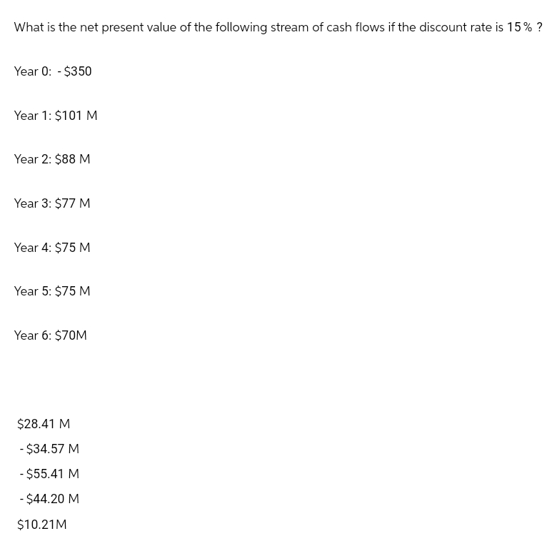 What is the net present value of the following stream of cash flows if the discount rate is 15% ?
Year 0: - $350
Year 1: $101 M
Year 2: $88 M
Year 3: $77 M
Year 4: $75 M
Year 5: $75 M
Year 6: $70M
$28.41 M
- $34.57 M
- $55.41 M
- $44.20 M
$10.21M