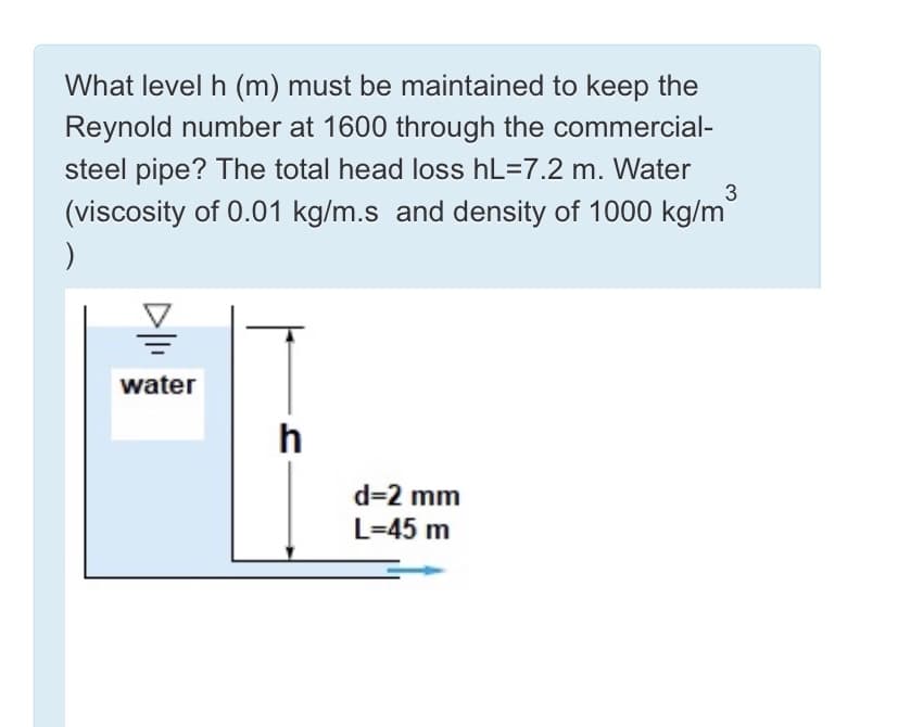 What level h (m) must be maintained to keep the
Reynold number at 1600 through the commercial-
steel pipe? The total head loss hL=7.2 m. Water
(viscosity of 0.01 kg/m.s and density of 1000 kg/m
water
h
d=2 mm
L=45 m
