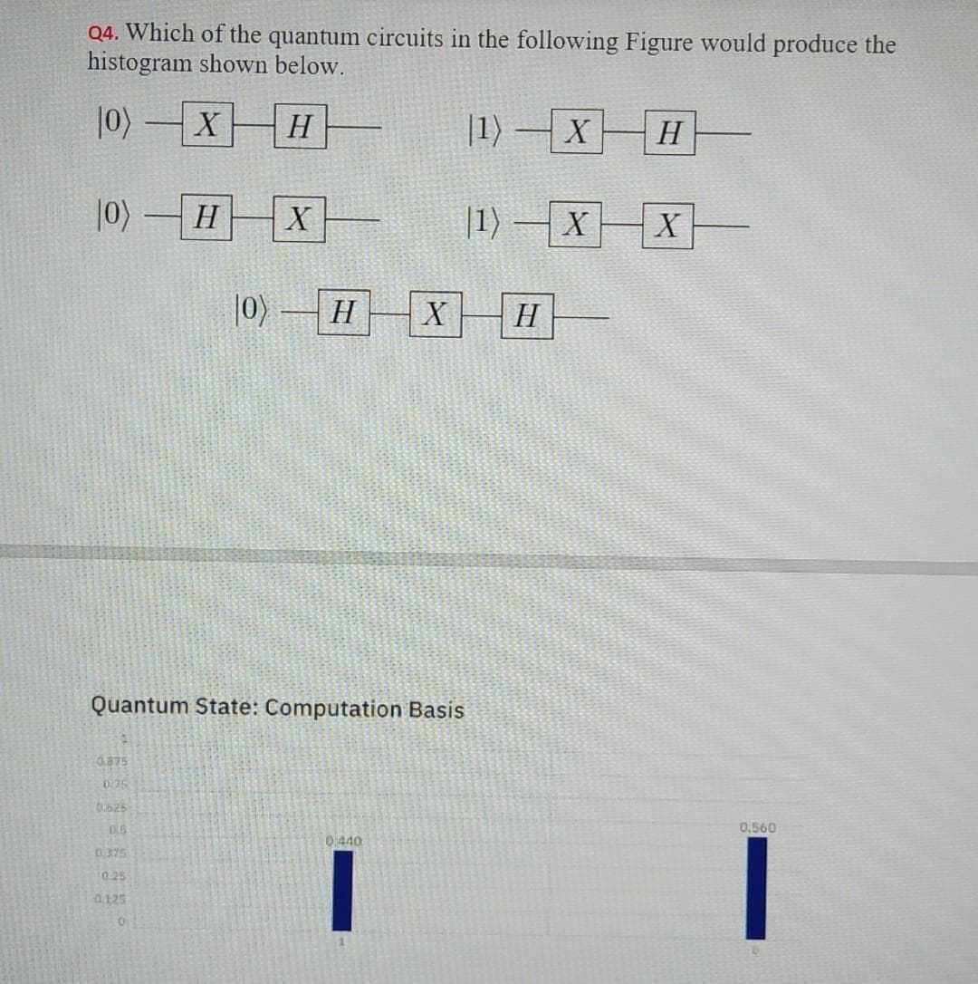 Q4. Which of the quantum circuits in the following Figure would produce the
histogram shown below.
10)-X H
(1)-X-H
(0) H X
|1¹) -X-X-
|0) — H
0.875
0.75
0.625
0.5
0.375
10.25
0.125
0
Quantum State: Computation Basis
XH
0.440
|
-
0.560
I