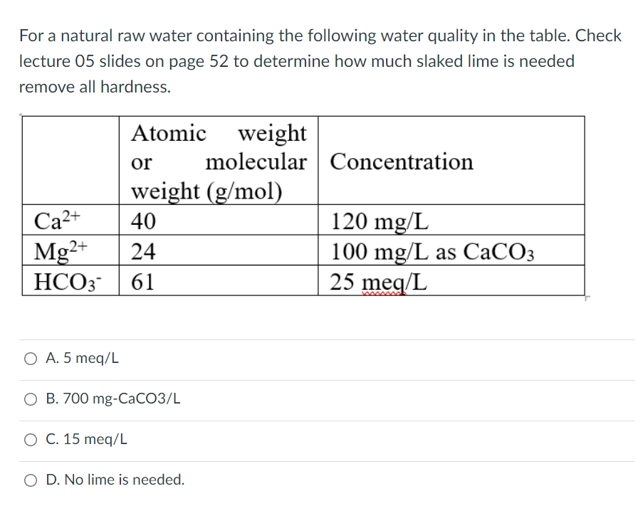 For a natural raw water containing the following water quality in the table. Check
lecture 05 slides on page 52 to determine how much slaked lime is needed
remove all hardness.
Atomic weight
or
molecular Concentration
weight (g/mol)
120 mg/L
100 mg/L as CaCO3
25 meg/L
Ca2+
40
Mg2+
HCO3
24
61
O A. 5 meq/L
О В. 700 mg-СаСОЗ/L
O C. 15 meq/L
O D. No lime is needed.
