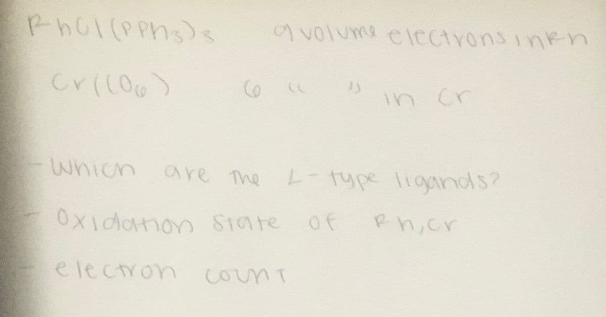 OXidaion State of
Rhol(pphs)s
9volume elCctrons inkn
in cr
which
are The
type lignds?
OXidanon State
Rh,cr
electron counT
