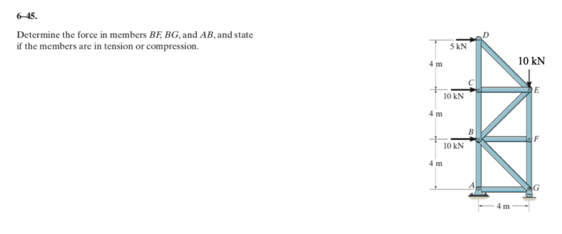 6-45.
Determine the force in members BF, BG, and AB, and state
if the members are in tension or compression.
5 kN
10 kN
4 m
10 kN
4 m
B
10 kN
4 m
4 m
