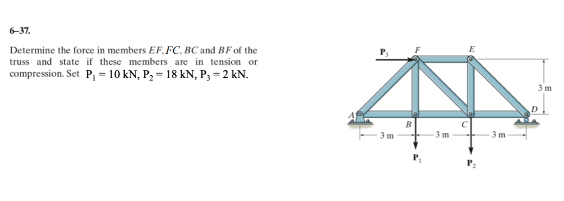 6–37.
Determine the force in members EF, FC, BC and BF of the
truss and state if these members are in tension or
compression. Set P¡ = 10 kN, P, = 18 kN, P3 = 2 kN.
3 m
B
3 m
3 m
3 m
P1
