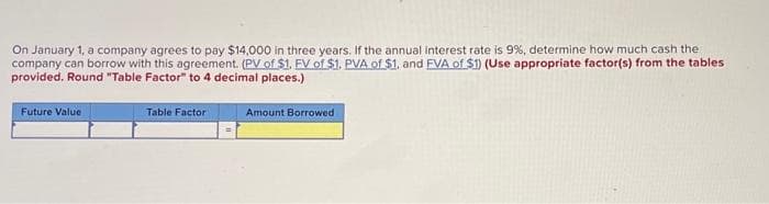 On January 1, a company agrees to pay $14,000 in three years. If the annual interest rate is 9%, determine how much cash the
company can borrow with this agreement. (PV of $1. EV of $1. PVA of $1. and FVA of $1) (Use appropriate factor(s) from the tables
provided. Round "Table Factor" to 4 decimal places.)
Future Value
Table Factor
Amount Borrowed