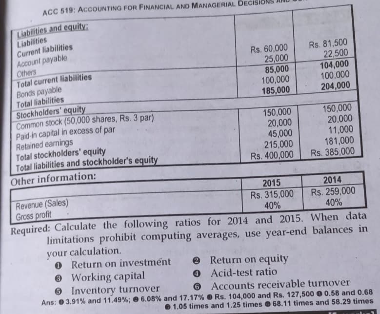 ACC 519: ACCOUNTING FOR FINANCIAL AND MANAGERIAL DECISION
Liabilities and equity:
Liabilities
Current liabilities
Account payable
Others
Total current liabilities
Bonds payable
Total liabilities
Stockholders' equity
Common stock (50,000 shares, Rs. 3 par)
Paid-in capital in excess of par
Retained earnings
Total stockholders' equity
Total liabilities and stockholder's equity
Other information:
Rs. 60,000
25,000
85,000
100,000
185,000
150,000
20,000
45,000
Working capital
6
6 Inventory turnover
Ans: 3.91% and 11.49%; 6.08% and 17.17%
215,000
Rs. 400,000
2015
Rs. 315,000
40%
Rs. 81,500
22,500
104,000
100,000
204,000
150,000
20,000
11,000
181,000
Rs. 385,000
2014
Rs. 259,000
40%
Revenue (Sales)
Gross profit
Required: Calculate the following ratios for 2014 and 2015. When data
limitations prohibit computing averages, use year-end balances in
your calculation.
0 Return on investment
Return on equity
Acid-test ratio
Accounts receivable turnover
Rs. 104,000 and Rs. 127,500 0.58 and 0.68
1.05 times and 1.25 times 68.11 times and 58.29 times