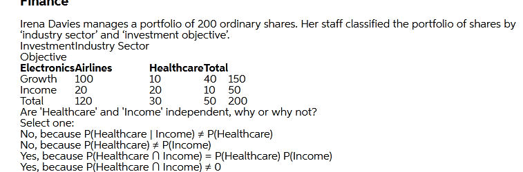 Irena Davies manages a portfolio of 200 ordinary shares. Her staff classified the portfolio of shares by
'industry sector' and 'investment objective'.
Investmentindustry Sector
Objective
ElectronicsAirlines
Growth
Income
Total
Are 'Healthcare' and 'Income' independent, why or why not?
Select one:
No, because P(Healthcare | Income) + P(Healthcare)
No, because P(Healthcare) + P(Income)
Yes, because P(Healthcare N Income) = P(Healthcare) P(Income)
Yes, because P(Healthcare N Income) # 0
100
20
120
Healthcare Total
10
20
30
40 150
10 50
50 200
