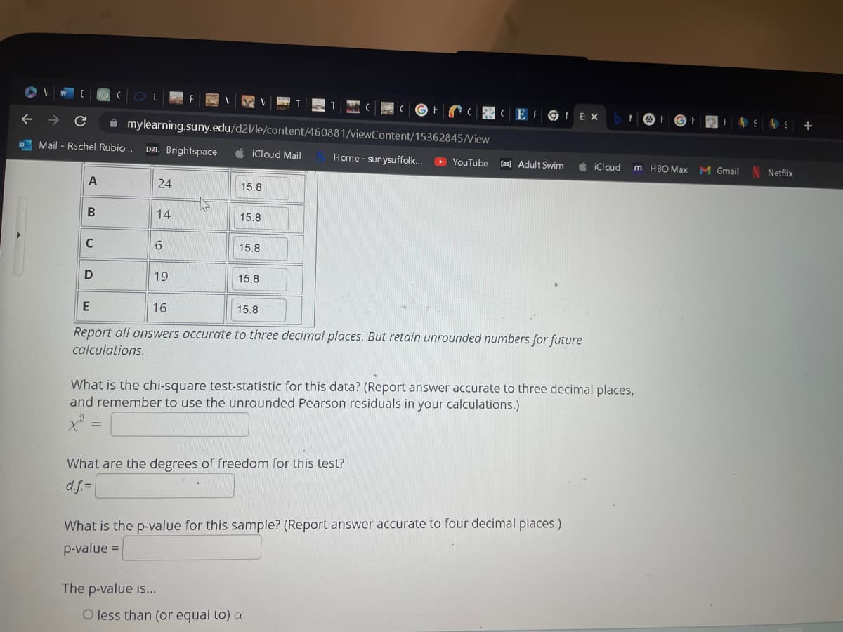 OV w [
Q
Mail - Rachel Rubio... D2L Brightspace
A
B
с
mylearning.suny.edu/d2l/le/content/460881/viewContent/15362845/View
D
24
14
6
19
h
iCloud Mail
15.8
15.8
The p-value is...
15.8
15.8
Home - sunysuffolk...
What are the degrees of freedom for this test?
d.f.=
CEF
E
16
15.8
Report all answers accurate to three decimal places. But retain unrounded numbers for future
calculations.
O less than (or equal to) a
YouTube [as] Adult Swim
What is the chi-square test-statistic for this data? (Report answer accurate to three decimal places,
and remember to use the unrounded Pearson residuals in your calculations.)
What is the p-value for this sample? (Report answer accurate to four decimal places.)
p-value =
EX
iCloud Im HBO Max
hs 49 +
M Gmail
N Netflix