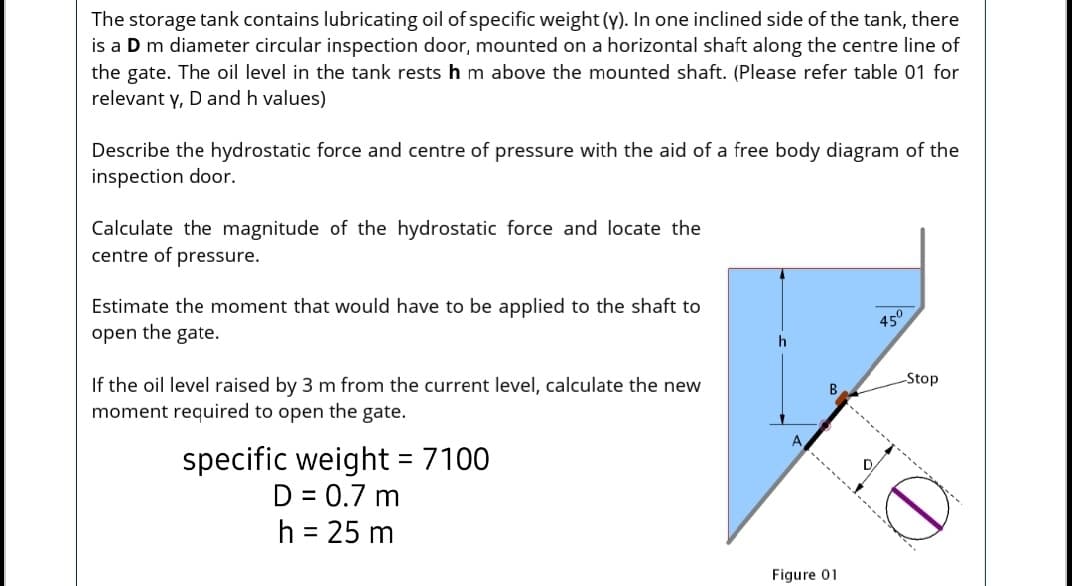 The storage tank contains lubricating oil of specific weight (y). In one inclined side of the tank, there
is a D m diameter circular inspection door, mounted on a horizontal shaft along the centre line of
the gate. The oil level in the tank rests h m above the mounted shaft. (Please refer table 01 for
relevant y, D and h values)
Describe the hydrostatic force and centre of pressure with the aid of a free body diagram of the
inspection door.
Calculate the magnitude of the hydrostatic force and locate the
centre of pressure.
Estimate the moment that would have to be applied to the shaft to
450
open the gate.
Stop
If the oil level raised by 3 m from the current level, calculate the new
moment required to open the gate.
B
specific weight = 7100
D = 0.7 m
h = 25 m
Figure 01
