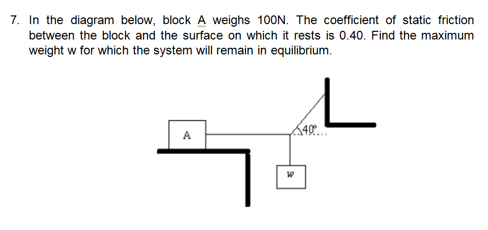 7. In the diagram below, block A weighs 100N. The coefficient of static friction
between the block and the surface on which it rests is 0.40. Find the maximum
weight w for which the system will remain in equilibrium.
40°
A
