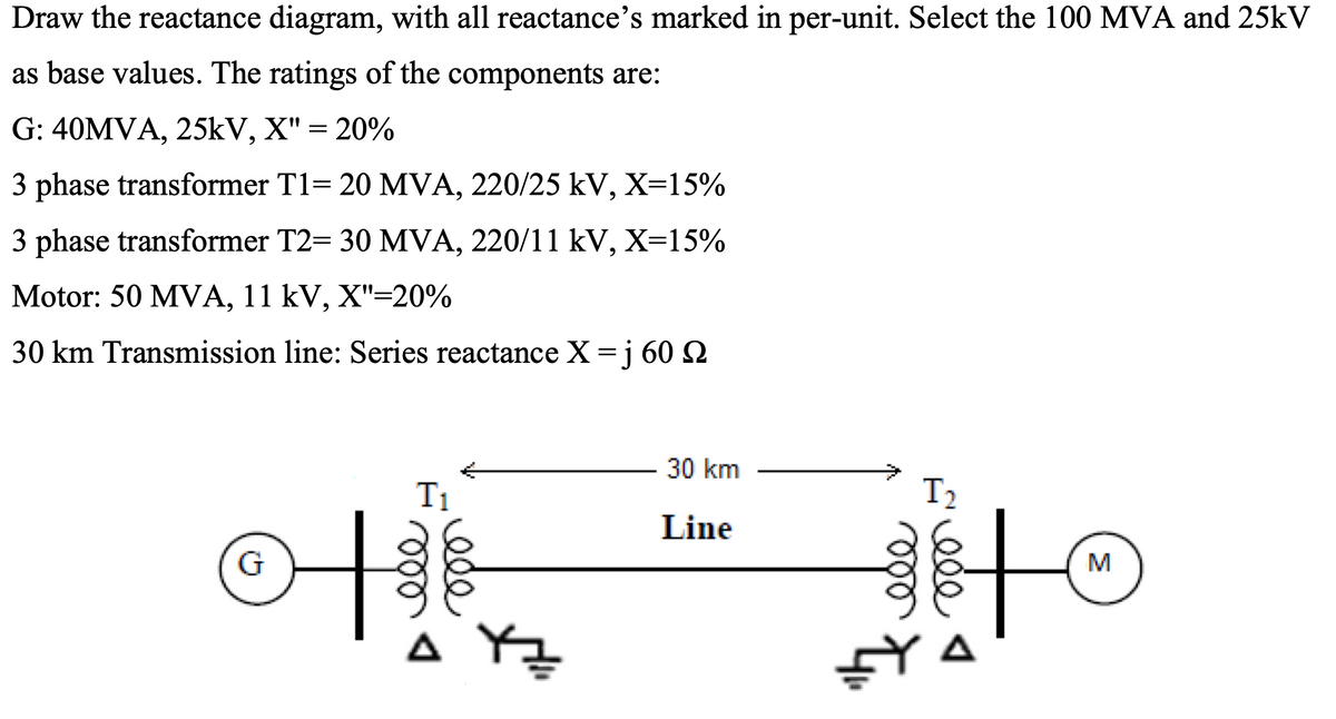 Draw the reactance diagram, with all reactance's marked in per-unit. Select the 100 MVA and 25kV
as base values. The ratings of the components are:
G: 40MVA, 25kV, X" = 20%
3 phase transformer T1= 20 MVA, 220/25 kV, X=15%
3 phase transformer T2= 30 MVA, 220/11 kV, X=15%
Motor: 50 MVA, 11 kV, X"=20%
30 km Transmission line: Series reactance X=j 60 2
30 km
T1
I2
어
計。
Line
G
M
A
