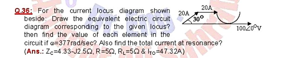 20A
Q.36: For the current locus diagram shown
beside: Draw the equivalent electric circuit
diagram corresponding to the given locus?
then find the value of each element in the
20A
300
10020°v
circuit if @=377rad/sec? Also find the total current at resonance?
(Ans.: Zc=4.33-J2.52, R=52, RL=52 & ITo=47.32A)
