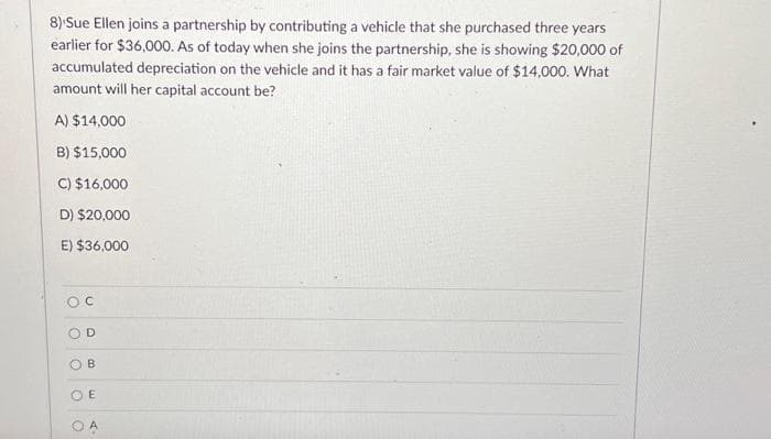 8) Sue Ellen joins a partnership by contributing a vehicle that she purchased three years
earlier for $36,000. As of today when she joins the partnership, she is showing $20,000 of
accumulated depreciation on the vehicle and it has a fair market value of $14,000. What
amount will her capital account be?
A) $14,000
B) $15,000
C) $16,000
D) $20,000
E) $36,000
ос
D
B
E
OA