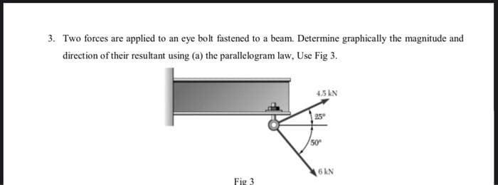 3. Two forces are applied to an eye bolt fastened to a beam. Determine graphically the magnitude and
direction of their resultant using (a) the parallelogram law, Use Fig 3.
4.5 kN
25
50
6 kN
Fig 3
