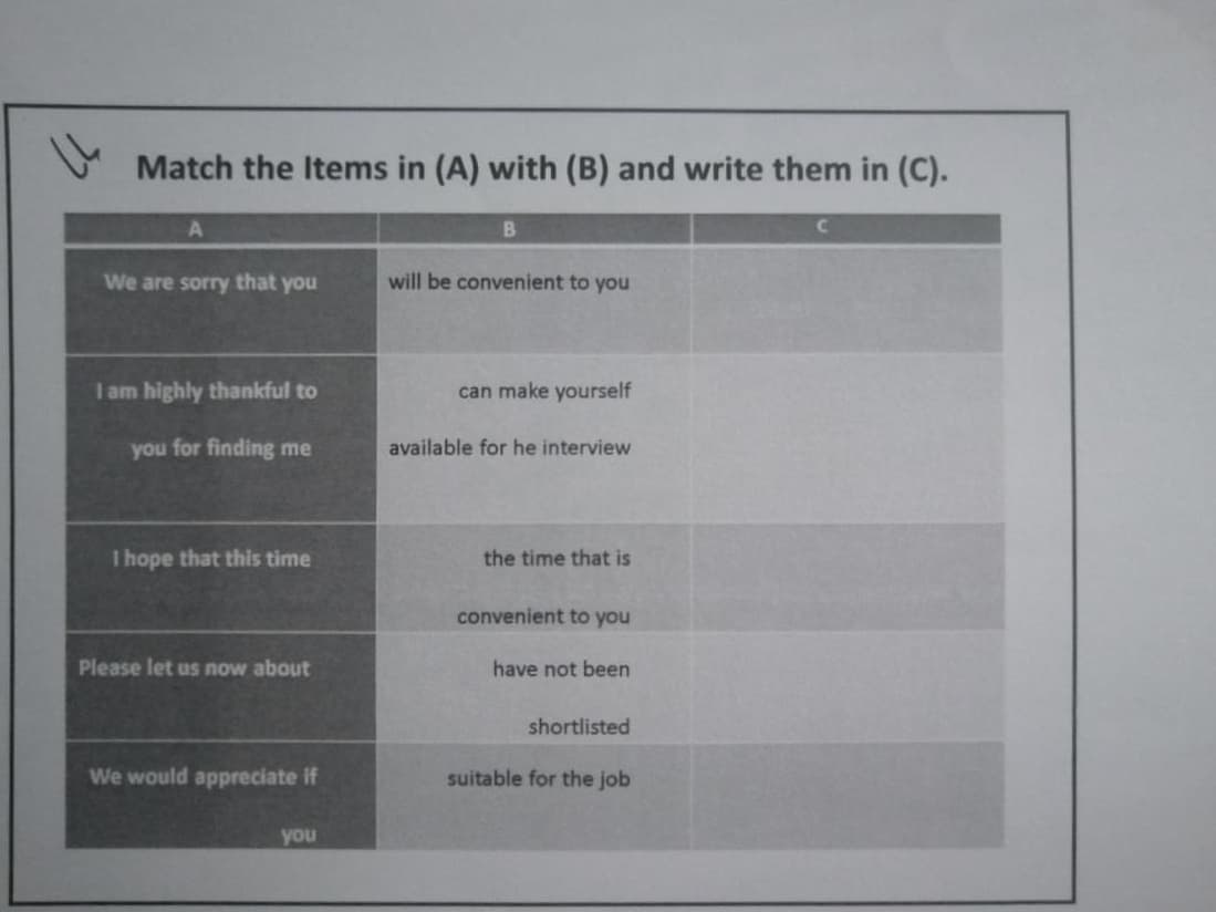 Match the Items in (A) with (B) and write them in (C).
We are sorry that you
will be convenient to you
I am highly thankful to
can make yourself
you for finding me
available for he interview
I hope that this time
the time that is
convenient to you
Please let us now about
have not been
shortlisted
We would appreciate if
suitable for the job
you
