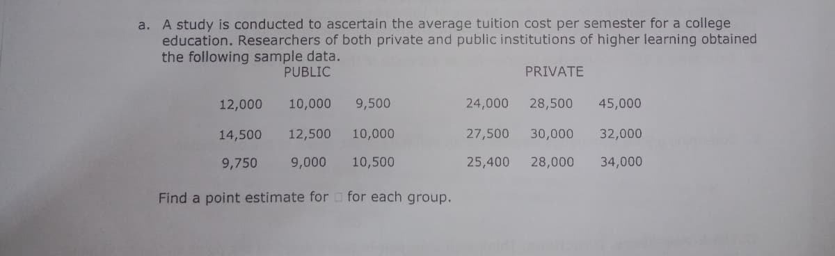 a. A study is conducted to ascertain the average tuition cost per semester for a college
education. Researchers of both private and public institutions of higher learning obtained
the following sample data.
PUBLIC
PRIVATE
12,000
10,000
9,500
24,000
28,500
45,000
14,500
12,500
10,000
27,500
30,000
32,000
9,750
9,000
10,500
25,400
28,000
34,000
Find a point estimate for o for each group.
