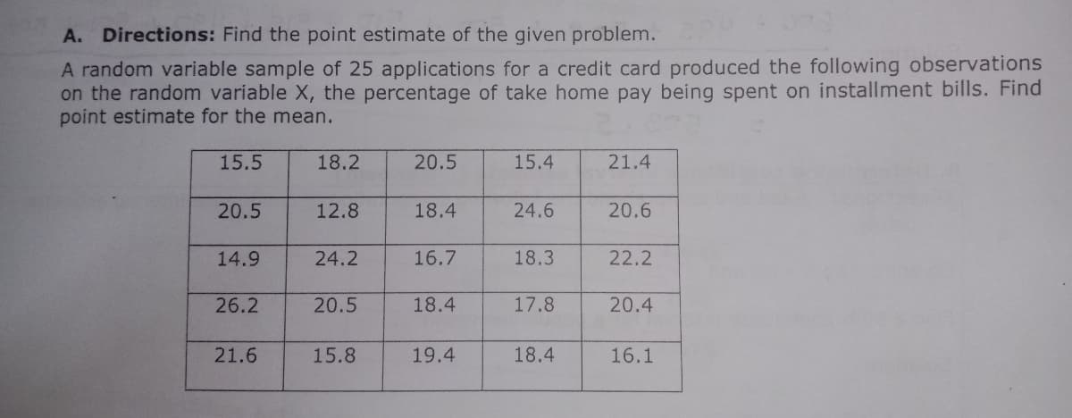 A. Directions: Find the point estimate of the given problem.
A random variable sample of 25 applications for a credit card produced the following observations
on the random variable X, the percentage of take home pay being spent on installment bills. Find
point estimate for the mean.
15.5
18.2
20.5
15.4
21.4
20.5
12.8
18.4
24.6
20.6
14.9
24.2
16.7
18.3
22.2
26.2
20.5
18.4
17.8
20.4
21.6
15.8
19.4
18.4
16.1
