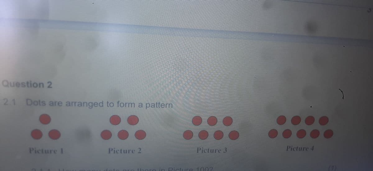 Question 2
2.1 Dots are arranged to form a pattern
Picture 1
Picture 2
OO
Picture 3
in Picture 1000
Picture 4