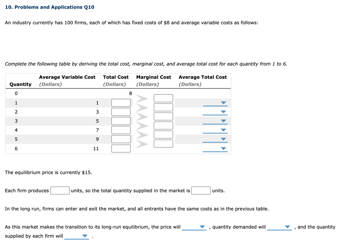 10. Problems and Applications Q10
An industry currently has 100 firms, each of which has fixed costs of $8 and average variable costs as follows:
Complete the following table by deriving the total cost, marginal cost, and average total cost for each quantity from 1 to 6.
Average Variable Cost
Total Cost
Marginal Cost
Average Total Cost
Quantity
(Dollars)
(Dollars)
(Dollars)
(Dollars)
8
1
1
2
3
4
7
9.
6.
11
The equilibrium price is currently $15.
Each firm produces
units, so the total quantity supplied in the market is
units.
In the long run, firms can enter and exit the market, and all entrants have the same costs as in the previous table.
As this market makes the transition to its long-run equilibrium, the price will
, quantity demanded will
and the quantity
supplied by each firm will
