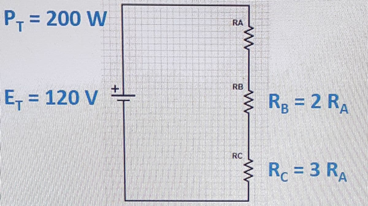 P₁ = 200 W
E₁ = 120 V =
RB
RC
ww
M
w
RB = 2 RA
Rc = 3 RA