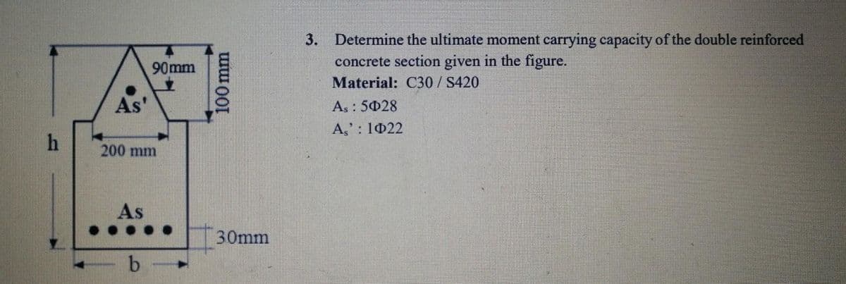 h
As'
200 mm
As
90mm
b
100 mm
30mm
3. Determine the ultimate moment carrying capacity of the double reinforced
concrete section given in the figure.
Material: C30 / S420
As: 5028
A,': 1022