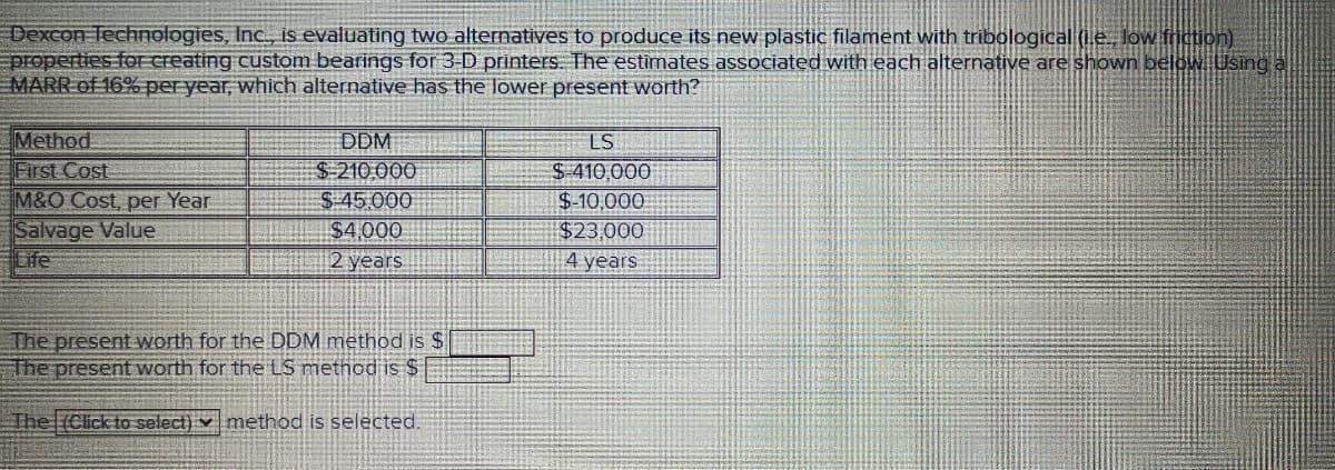 Dexcon Technologies, Inc., is evaluating two alternatives to produce its new plastic filament with tribological (e, low friction).
properties fo creating custom bearings for 3-D printers. The estimates associated with each alternative are shown below Using a
MARR of 16% per year, which alternative has the lower present worth?
Method
First Cost
M&O Cost, per Year
Salvage Value
Life
DDM
$210.000
$ 45.000
$4,000
2 years
LS
$ 410,000
$-10,000
$23,000
4 years
The present worth for the DDM method is $
The present worth for the LS method is $
The (Click to select) v method is selected.
