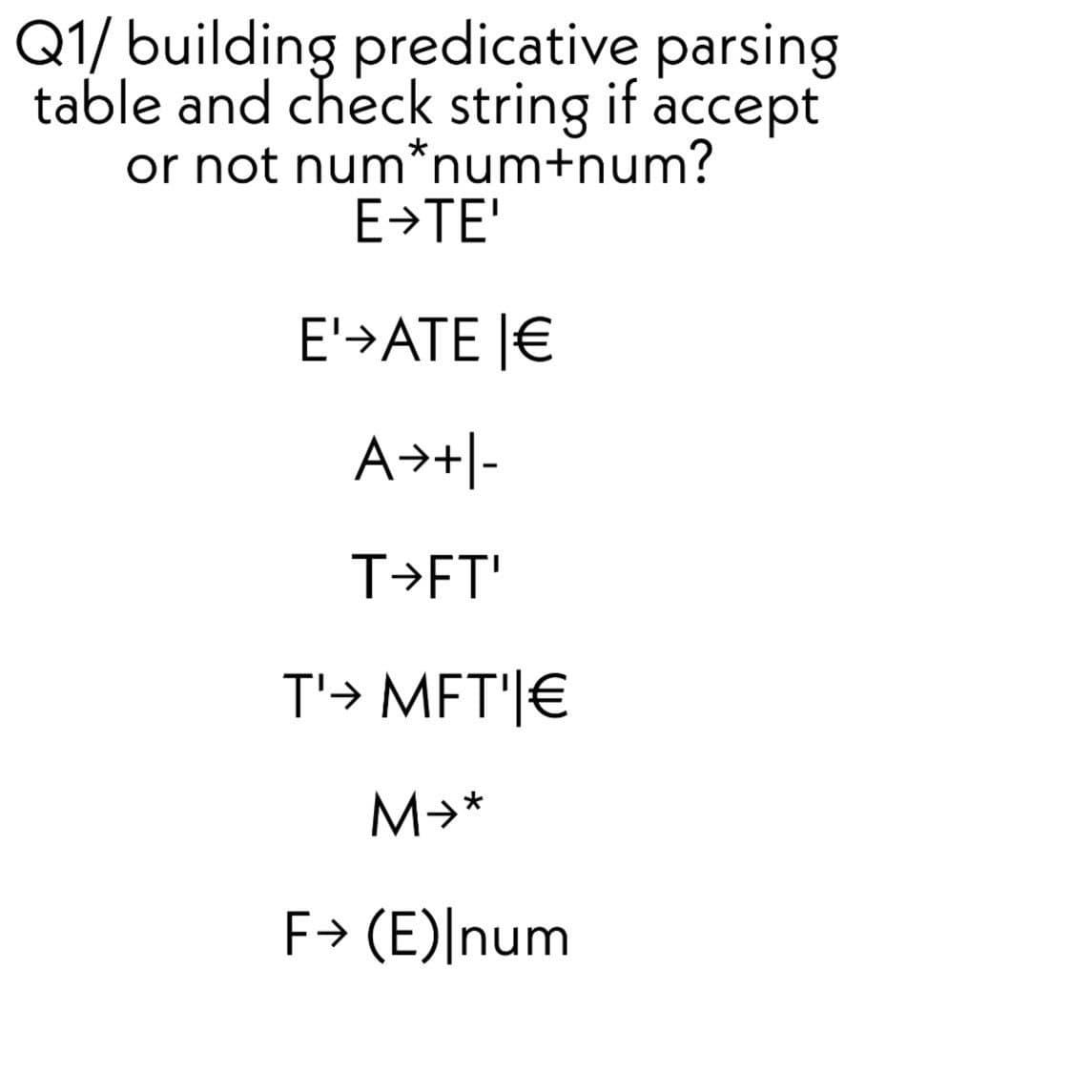 Q1/ building predicative parsing
table and check string if accept
or not num*num+num?
E>TE'
E'>ATE |€
A→+|-
T>FT'
T'→ MET'|€
M→*
F> (E)|num
