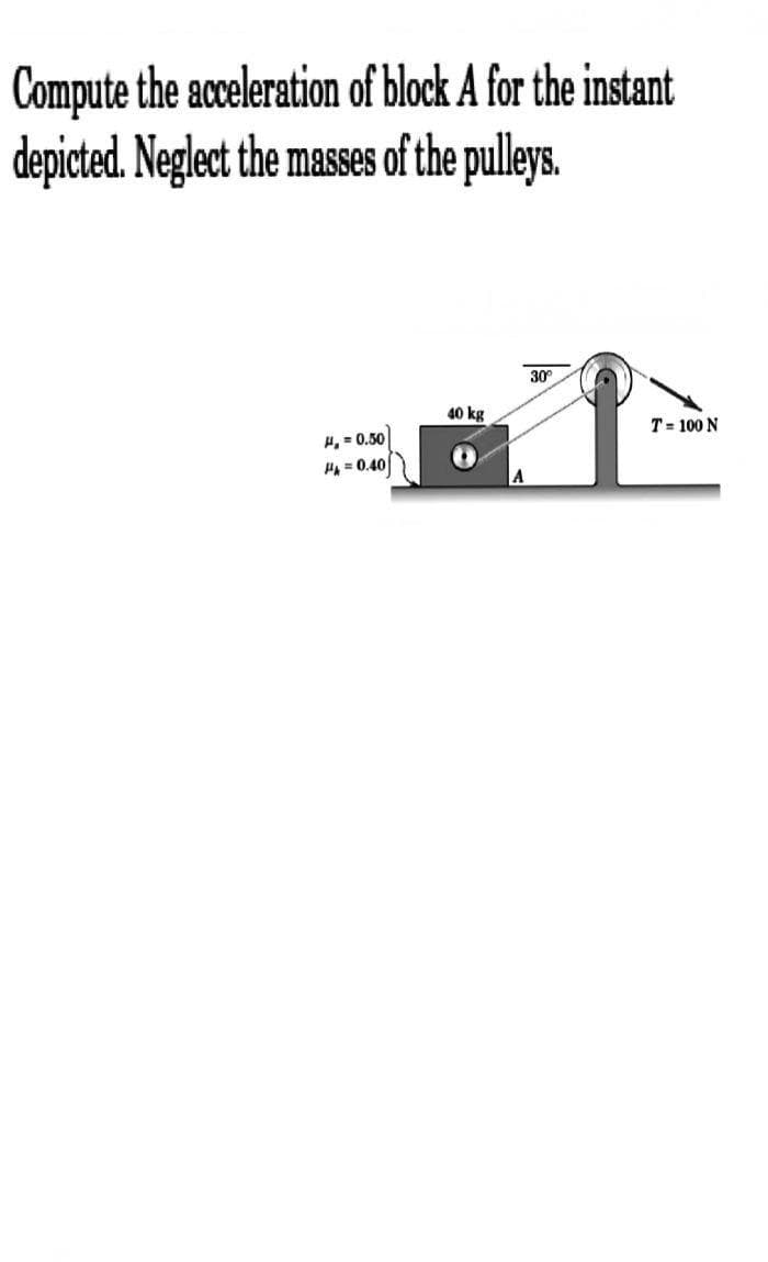 Compute the acceleration of block A for the instant
depicted. Neglect the masses of the pulleys.
30°
40 kg
T= 100 N
H, = 0.50
HA = 0.40
A
