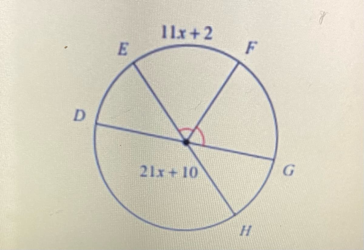 ### Educational Content on Circle Diagrams

#### Diagram Explanation:

The diagram consists of a circle with its center marked by a black dot. The circle is divided into four sectors by two lines intersecting at the center. 

#### Notations:
- Points where the lines intersect the circumference are labeled D, E, F, G, and H.
- The arc between points E and F includes a segment with the expression \(11x + 2\) inscribed along it.
- Another segment within the circle contains the expression \(21x + 10\).

#### Purpose of the Diagram:
This diagram can be used to illustrate the properties of the circle and sectors, as well as to solve problems involving algebraic expressions related to the angles and arcs of a circle. 

For example, by using the fact that the angles around the center sum to 360°, one can set up equations to solve for the value of \(x\), ensuring a deeper understanding of both geometry and algebra.