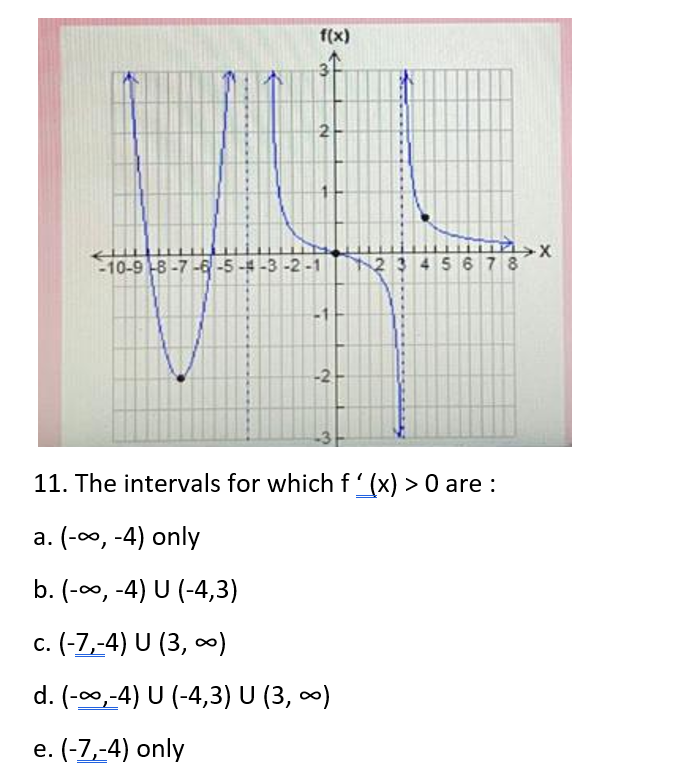 f(x)
-10-9 8-7 -6 -5 -4 -3 -2 -1
2 3456 78
11. The intervals for whichf'(x) > 0 are :
a. (-00, -4) only
b. (-00, -4) U (-4,3)
c. (-7,-4) U (3, o)
d. (-00,-4) U (-4,3) U (3, 0)
e. (-7,-4) only
2.
2.
