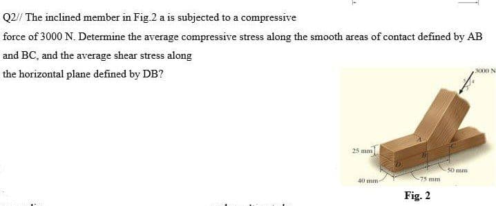 Q2// The inclined member in Fig.2 a is subjected to a compressive
force of 3000 N. Determine the average compressive stress along the smooth areas of contact defined by AB
and BC, and the average shear stress along
the horizontal plane defined by DB?
25 mm
40 mm
-75 mm
Fig. 2
50 mm
3000 N