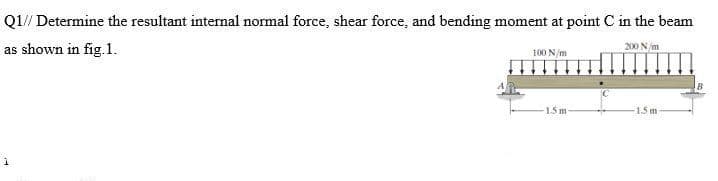 Q1// Determine the resultant internal normal force, shear force, and bending moment at point C in the beam
as shown in fig. 1.
200 N/m
1
100 N/m
1.5 m
-1.5m-
B