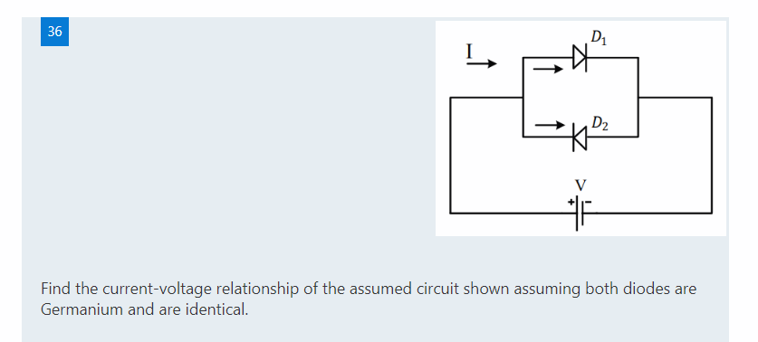 36
D1
D2
Find the current-voltage relationship of the assumed circuit shown assuming both diodes are
Germanium and are identical.
