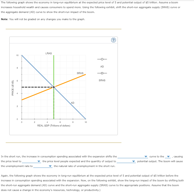 The following graph shows the economy in long-run equilibrium at the expected price level of 5 and potential output of $5 trillion. Assume a boom
increases household wealth and causes consumers to spend more. Using the following exhibit, shift the short-run aggregate supply (SRAS) curve or
the aggregate demand (AD) curve to show the short-run impact of the boom.
Note: You will not be graded on any changes you make to the graph.
PRICE LEVEL
10
0
2
LRAS
6
4
REAL GDP (Trillions of dollars)
AD
8
SRAS
10
ܕܘ
AD
O
SRAS
In the short run, the increase in consumption spending associated with the expansion shifts the
the price level to
the price level people expected and the quantity of output to
the natural rate of unemployment in the short run.
the unemployment rate to
, causing
curve to the
potential output. The boom will cause
Again, the following graph shows the economy in long-run equilibrium at the expected price level of 5 and potential output of $5 trillion before the
increase in consumption spending associated with the expansion. Now, on the following exhibit, show the long-run impact of the boom by shifting both
the short-run aggregate demand (AD) curve and the short-run aggregate supply (SRAS) curve to the appropriate positions. Assume that the boom
does not cause a change in the economy's resources, technology, or productivity.)