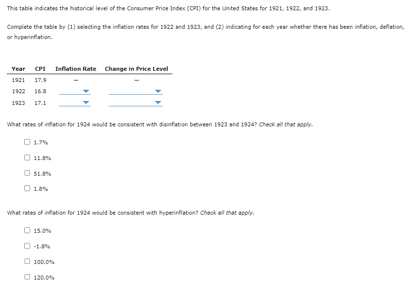 This table indicates the historical level of the Consumer Price Index (CPI) for the United States for 1921, 1922, and 1923.
Complete the table by (1) selecting the inflation rates for 1922 and 1923, and (2) indicating for each year whether there has been inflation, deflation,
or hyperinflation.
Year CPI Inflation Rate Change in Price Level
1921 17.9
1922 16.8
1923 17.1
What rates of inflation for 1924 would be consistent with disinflation between 1923 and 1924? Check all that apply.
1.7%
11.8%
51.8%
1.8%
What rates of inflation for 1924 would be consistent with hyperinflation? Check all that apply.
15.0%
-1.8%
100.0%
120.0%