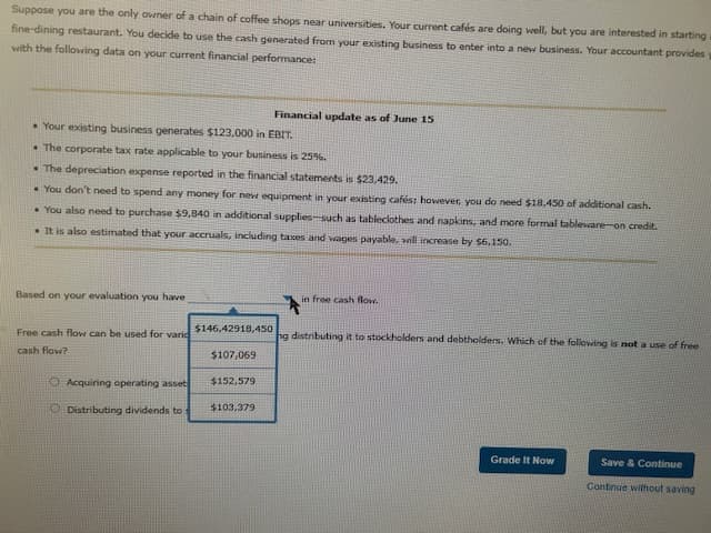 Suppose you are the only owner of a chain of coffee shops near universities. Your current cafés are doing well, but you are interested in starting
fine-dining restaurant. You decide to use the cash generated from your existing business to enter into a new business. Your accountant provides
with the following data on your current financial performance:
. Your existing business generates $123,000 in EBIT.
The corporate tax rate applicable to your business is 25%.
. The depreciation expense reported in the financial statements is $23,429.
You don't need to spend any money for new equipment in your existing cafés: however, you do need $18.450 of additional cash.
• You also need to purchase $9,840 in additional supplies-such as tableclothes and napkins, and more formal tableware-on credit.
. It is also estimated that your accruals, including taxes and wages payable, will increase by $6.150.
Based on your evaluation you have
Free cash flow can be used for varid
cash flow?
Acquiring operating asset
Distributing dividends to :
$146,42918,450
Financial update as of June 15
$107,069
$152,579
$103,379
in free cash flow.
ng distributing it to stockholders and debtholders. Which of the following is not a use of free
Grade It Now
Save & Continue
Continue without saving