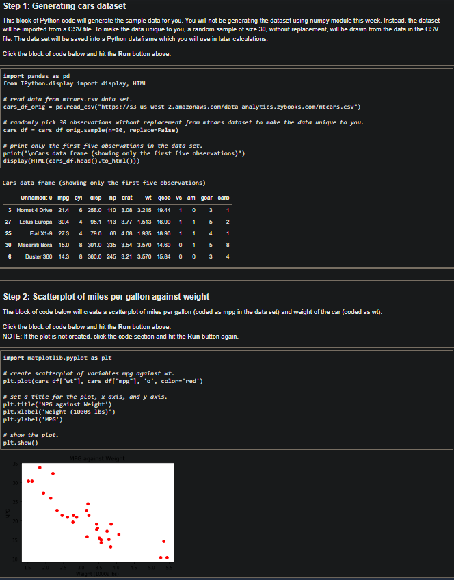 Step 1: Generating cars dataset
This block of Python code will generate the sample data for you. You will not be generating the dataset using numpy module this week. Instead, the dataset
will be imported from a CSV file. To make the data unique to you, a random sample of size 30, without replacement, will be drawn from the data in the CSV
file. The data set will be saved into a Python dataframe which you will use in later calculations.
Click the block of code below and hit the Run button above.
import pandas as pd
from IPython.display import display, HTML
#read data from mtcars.csv data set.
cars_df_orig = pd.read_csv("https://s3-us-west-2.amazonaws.com/data-analytics.zybooks.com/ntcars.csv")
#randomly pick 30 observations without replacement from mtcars dataset to make the data unique to you.
cars_df = cars_df_orig.sample(n=30, replace=False)
# print only the first five observations in the data set.
print("\nCars data frame (showing only the first five observations)")
display (HTML (cars_df.head().to_html()))
Cars data frame (showing only the first five observations)
Unnamed: 0 mpg cyl diep hp drat wt qeec ve am
3
0
110 3.08 3.215 19.44 1
113 3.77 1.513 16.90
1
1
Hornet 4 Drive 21.4 6 258.0
27 Lotus Europa 30.4 4 95.1
27.3 4 79.0
15.0
25
68 4.08
1.935 18.90
1
Fiat X1-9
Maserati Bora
30
8 301.0 335 3.54 3.570 14.60 0
6 Duster 380 14.3 8 380.0 245 3.21 3.570 15.84 0
#set a title for the plot, x-axis, and y-axis.
plt.title('MPG against Weight")
plt.xlabel('Weight (1000s lbs)')
plt.ylabel('MPG")
import matplotlib.pyplot as plt
#create scatterplot of variables mpg against wt.
plt.plot(cars_df["wt"], cars_df["mpg"], 'o', color="red")
#show the plot.
plt.show()
1
MPG against Weight
1
0
Step 2: Scatterplot of miles per gallon against weight
The block of code below will create a scatterplot of miles per gallon (coded as mpg in the data set) and weight of the car (coded as wt).
Click the block of code below and hit the Run button above.
NOTE: If the plot is not created, click the code section and hit the Run button again.
30 35 40
Weight (1000 lbs)
gear carb
3
5
4
5
3
1
2
1
8
4